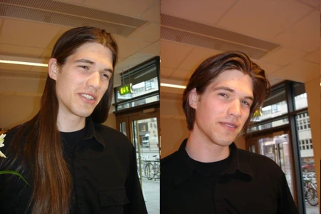 Philip with very long brown hair before the haircut, and much shorter afterwards