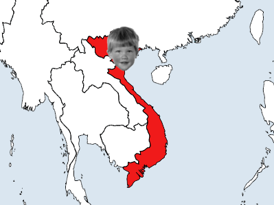 Philip's head over a map of Vietnam