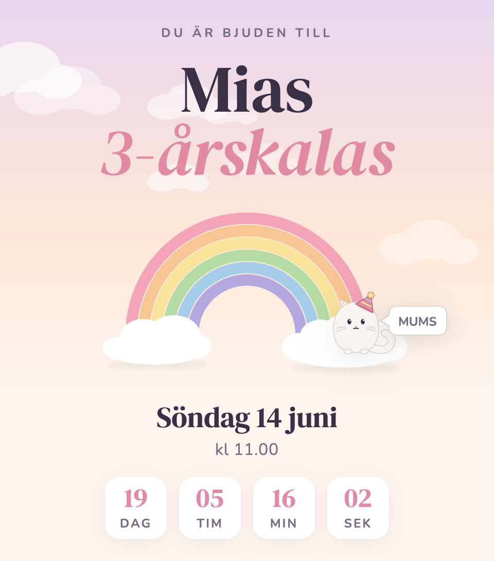 Above the fold of the site, with date, a countdown, a rainbow, and a cat with a party hat